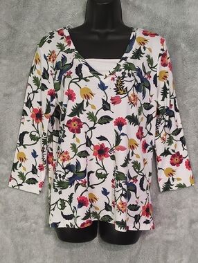 Floral V-Neck Long Sleeve Top - White Multi